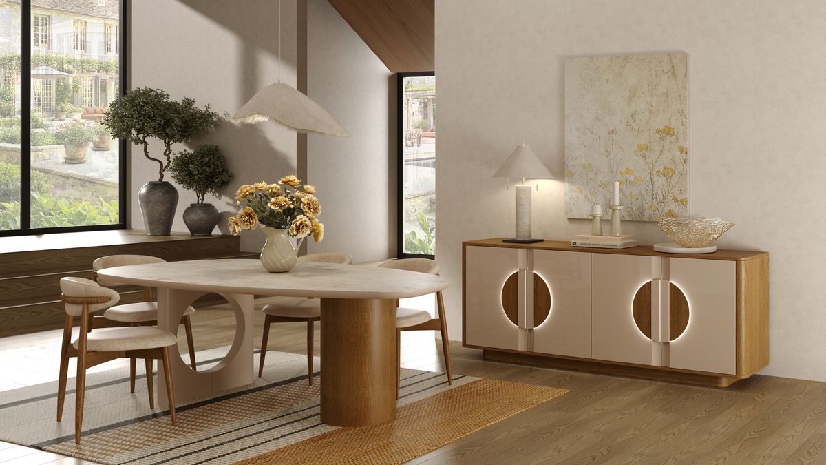 Salle à manger avec une table ovale en chêne et un buffet éclairé, collection Animovel